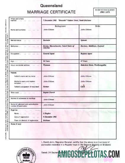 Certidão de Casamento do Registro Geral Austrália Brisbane exemplo